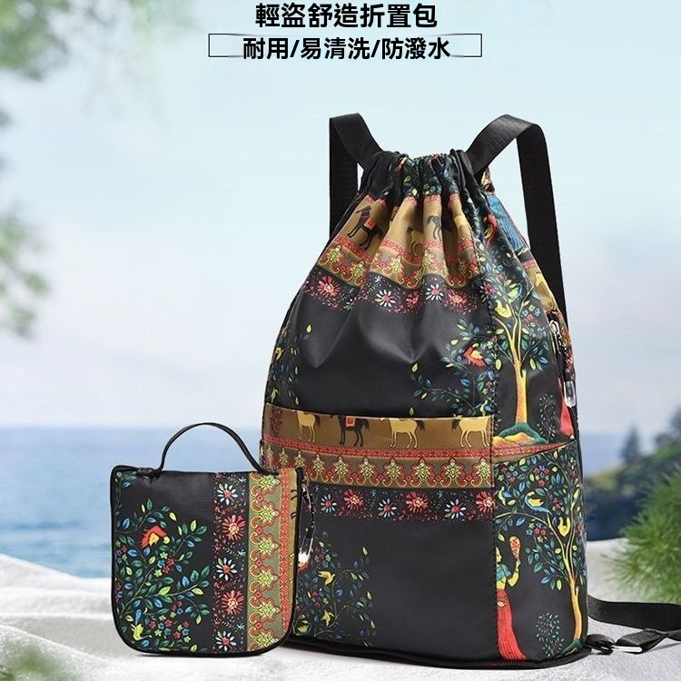 印花束口雙肩包